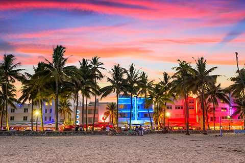 This is a stock photo from Shutterstock. Taken from the sand on South Beach, the background of the photo consists of palm trees, boutique hotels, and restaurants along Miami's famous Ocean Drive.